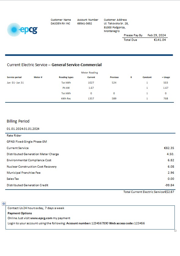 Montenegro Elektroprivreda Crne Gore (EPCG) electricity business utility bill template in Word and PDF formats
